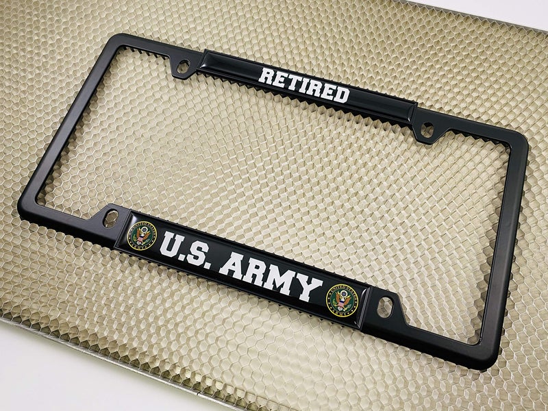 BestLicensePlateFrames [Officially Licensed Product] - U.S. Army Retired - Domed Custom-Made Personalized Narrow (Thin) Top 4 Hole Metal Car License Plate Frame with Free caps - Black (Quantity: 1 Frame) - Image 5